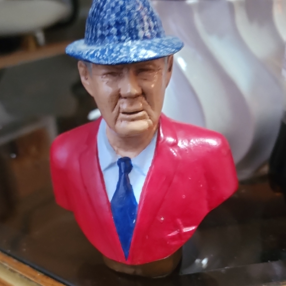 Stylish Red-Jacket Gentleman Bust Sculpture with Blue Hat